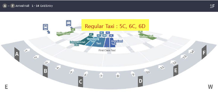 Map showing the layout of the Incheon Airport Terminal 1 and location of the taxi stand.